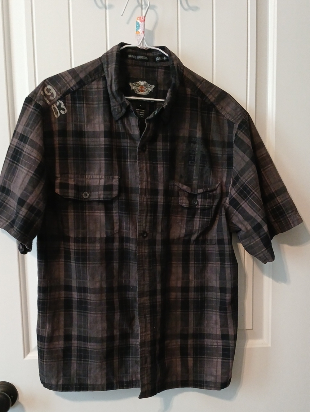 Harley-Davidson Men's Short-Sleeve Plaid Button-Down Shirt in Black and Gray